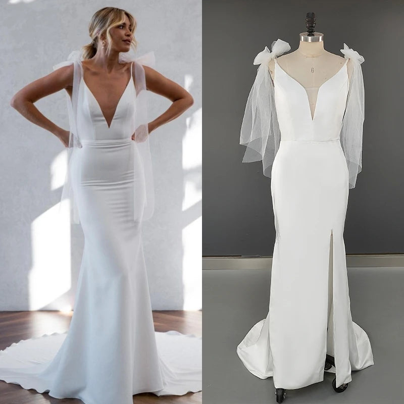 8726#  Real Photos Simple Bow Spaghetti Straps Slit Mermaid V-neck Sweep Train Wedding Dress Wedding Gown Bridal Gown