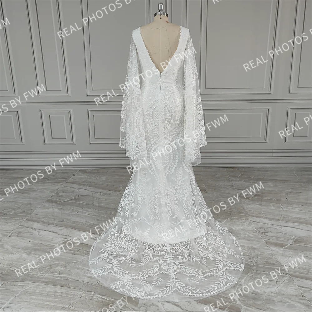 Real Photos High Quality Bohemian Flare Sleeves V-Neck Open Back Lace Wedding Dress Elegant Women Bride Dress for Wedding