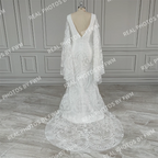 Real Photos High Quality Bohemian Flare Sleeves V-Neck Open Back Lace Wedding Dress Elegant Women Bride Dress for Wedding
