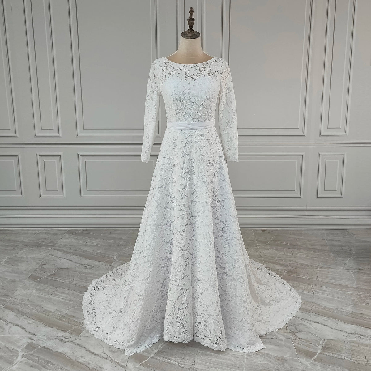 Real Photos High Quality Corset Back O-Neck Lace Long Sleeve A-Line Appliques Lace Wedding Dress for Women Bridal Gown