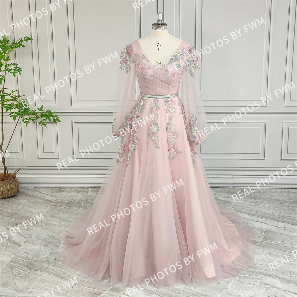Real Photos High Quality Long Sleeves Sequined Embroidery Flowers Lace Evening Dress for Women Engagement Party Gown