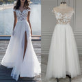 Real Photos High Quality Boat Neck Cap Sleeve Split Appliques Lace Wedding Dress Elegant Tulle A-line Bridal Gown for Women