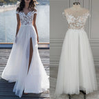 Real Photos High Quality Boat Neck Cap Sleeve Split Appliques Lace Wedding Dress Elegant Tulle A-line Bridal Gown for Women
