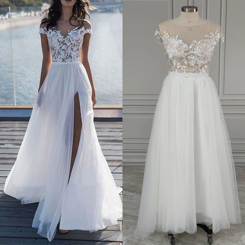 Real Photos High Quality Boat Neck Cap Sleeve Split Appliques Lace Wedding Dress Elegant Tulle A-line Bridal Gown for Women