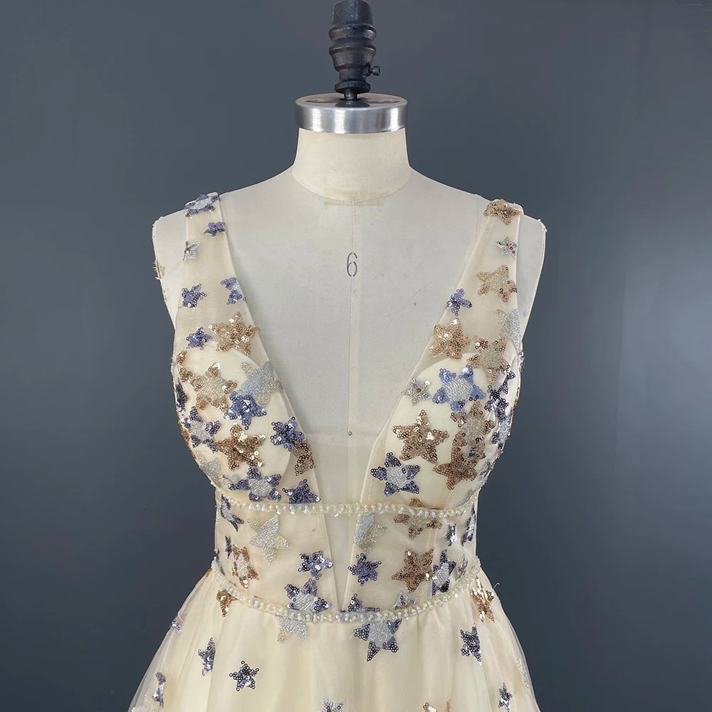 15277# Real Photos Casual Shiny Stars Tulle V-neck Backless Wedding Bridal Gown Birthday Party Dress Women Prom Evening Dress