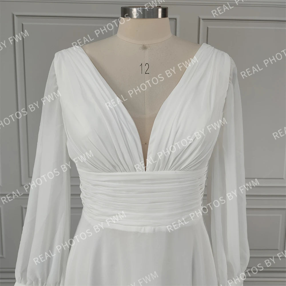 Real Photos High Quality Simple Puffy Sleeves A-line Pleat Chiffon Wedding Dress Elegant Bride Gown for Women 13263