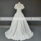 #3115 Real Photos Vintage French Style Soft Satin Wedding Bridal Dress Simple V Neck Short Sleeves Buttons Hepburn Bridal Gown