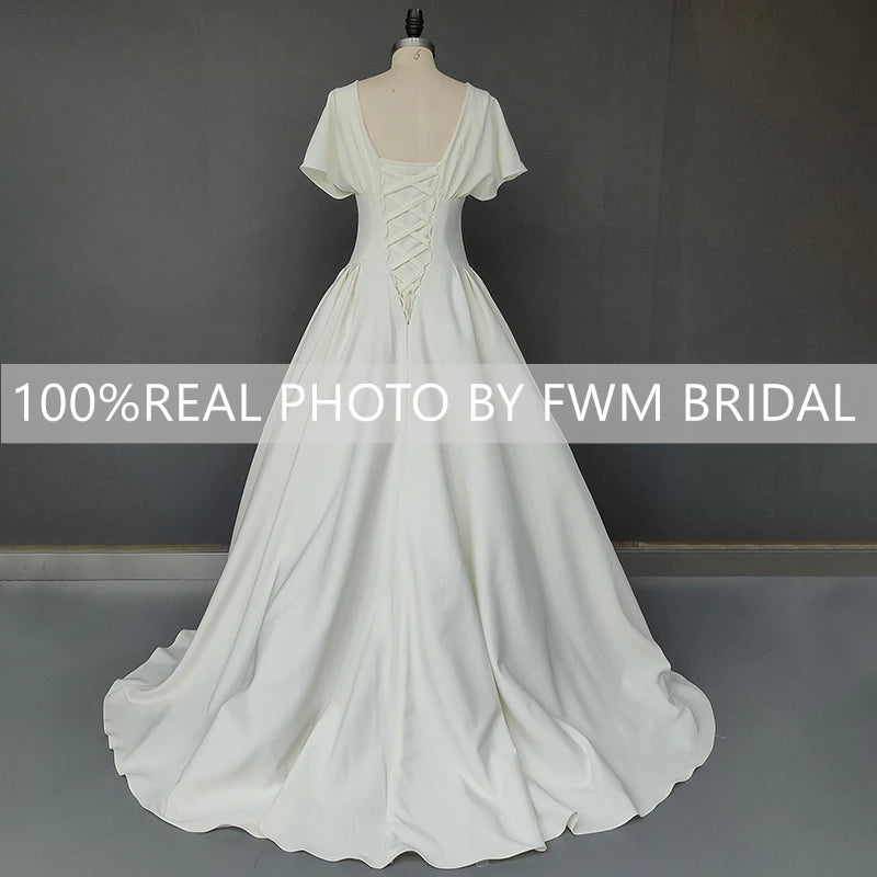 #3115 Real Photos Vintage French Style Soft Satin Wedding Bridal Dress Simple V Neck Short Sleeves Buttons Hepburn Bridal Gown