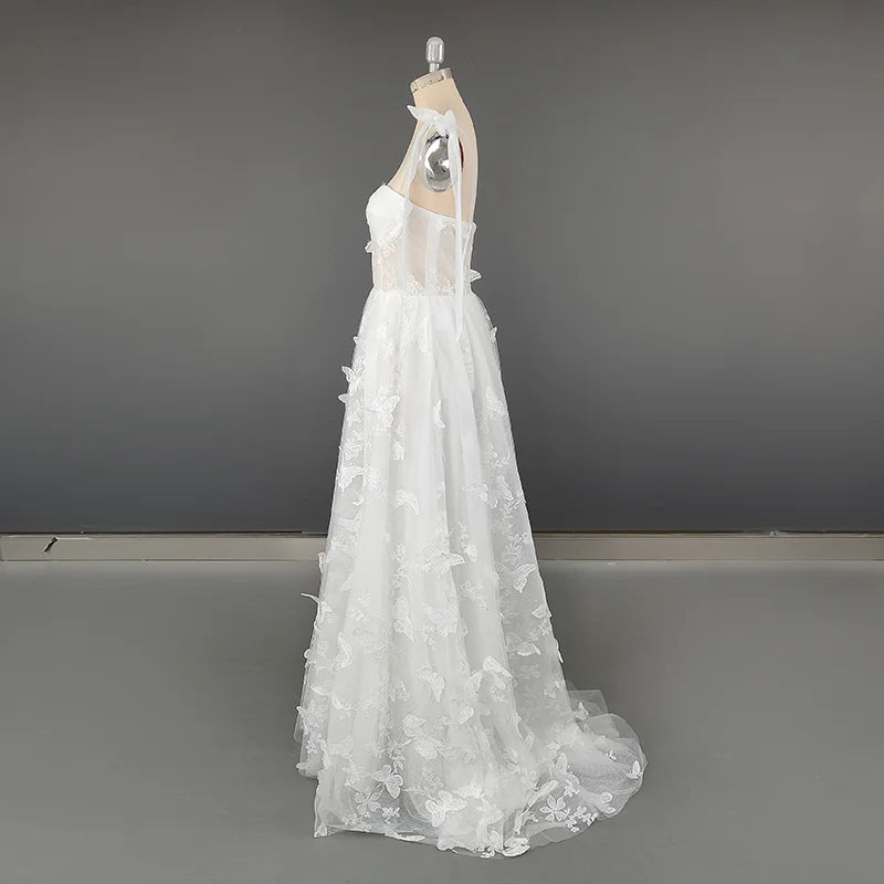 8754# Elegant Spaghetti Straps A-line Wedding Dress Bow Ribbons Butterfly Print Lace Causal Plus Size Womens Dresses Real Photos