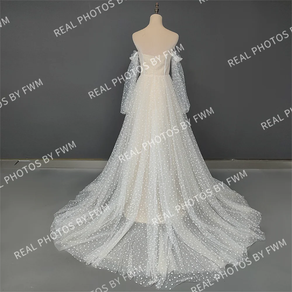 Real Photos Classic Boho Sweetheart A-Line Strapless Long Sleeves Backless Beach Sweep Train Lace Wedding Dress Bridal Gown