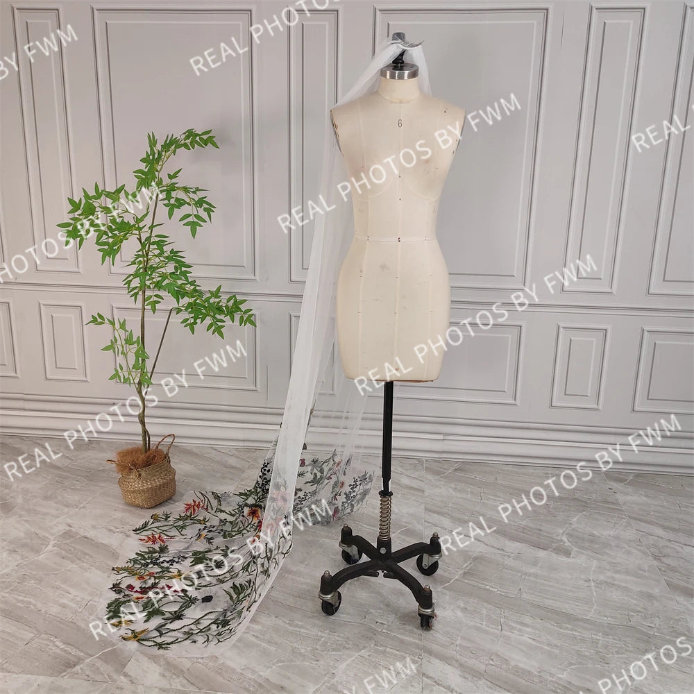 Real Photos High Quality One Layer Embroidered Flowers Lace Bridal Veil 200CM Long Wedding Veil Accessories for Wedding