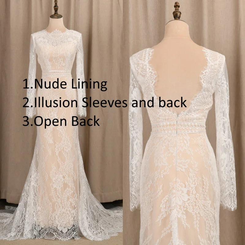 4198#  Real Photos Sweep Train  Arabic Spring Mermaid Online Long Sleeves Lace Champagne Wedding Gowns Bride Dresses