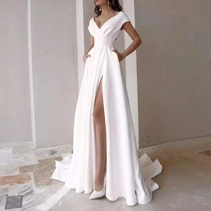 8183#Real Photos Sleeveless Sexy V-Neck Open Back Sheath A-Line Satin Side Pocket Sweep Train Wedding Dress Wedding Bridal Gown