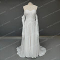 Real Photos Bohemian Low Back Lace Flare Sleeves Sweetheart Strapless Tassel Chiffon Wedding Dress Bridal Gown for Wedding