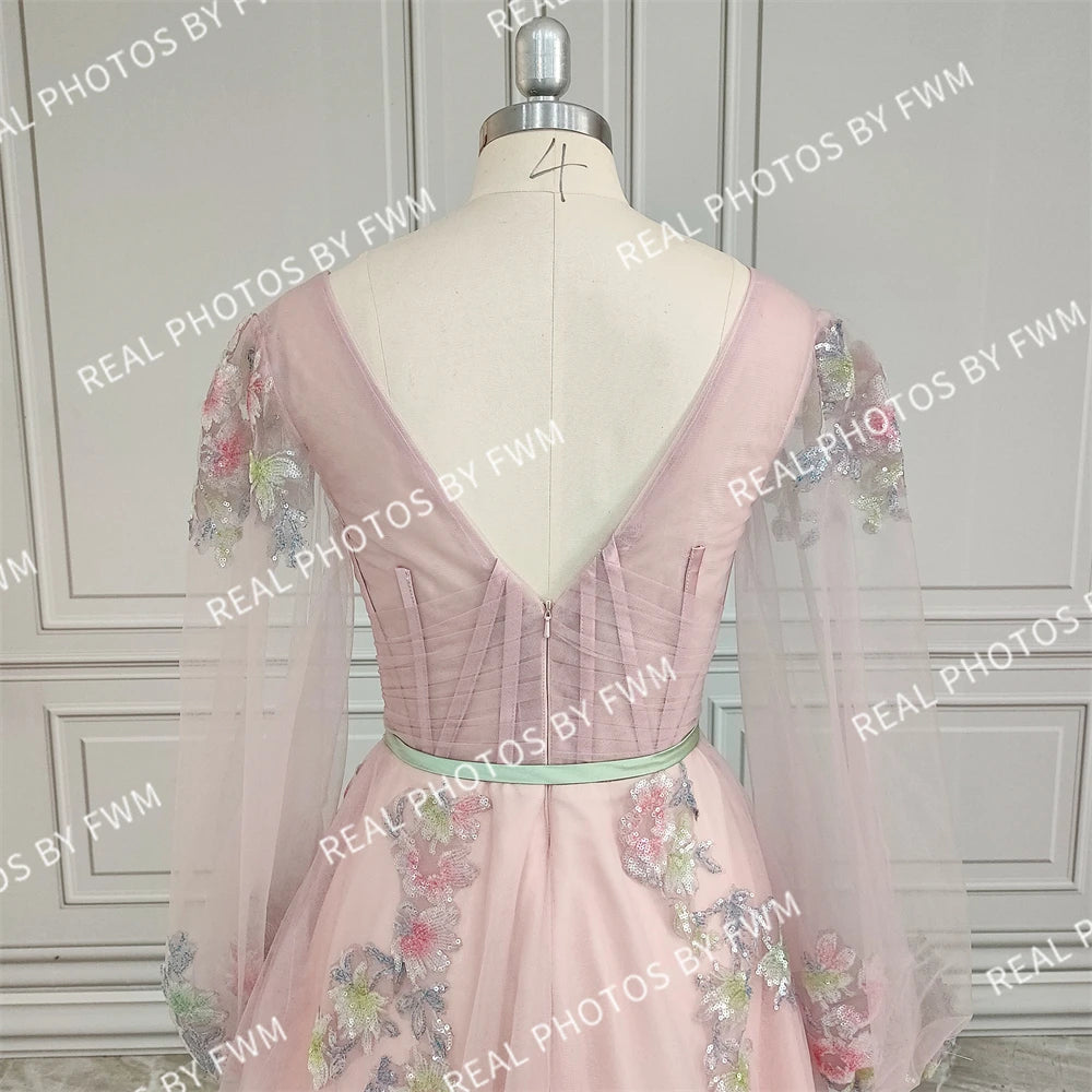 Real Photos High Quality Long Sleeves Sequined Embroidery Flowers Lace Evening Dress for Women Engagement Party Gown
