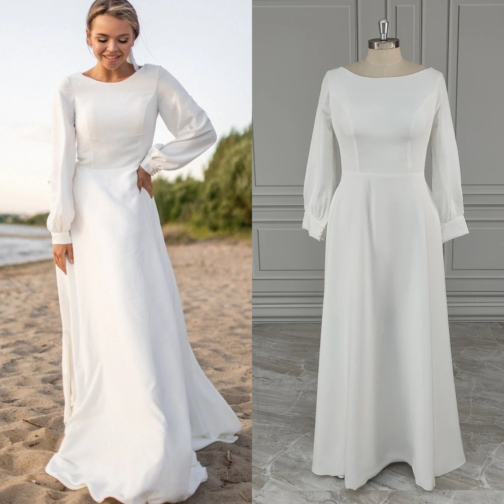100%  Real Photos Simple Long Sleeves Boat Neck A-line Chiffon Wedding Dress Low Back Bride Gown for Women Vestido De Novia