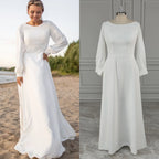 100%  Real Photos Simple Long Sleeves Boat Neck A-line Chiffon Wedding Dress Low Back Bride Gown for Women Vestido De Novia