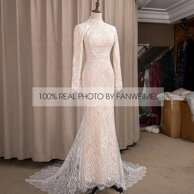 4198#  Real Photos Sweep Train  Arabic Spring Mermaid Online Long Sleeves Lace Champagne Wedding Gowns Bride Dresses