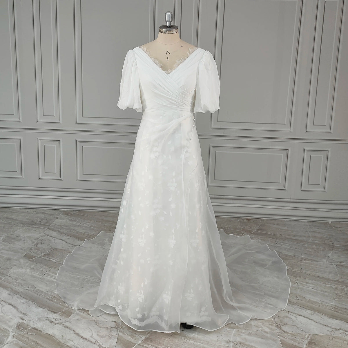 2352# Real Photo Simple V-Neck Puffy Sleeves A-line Organza Wedding Dress Backless Lace Bride Gown for Women Evening Dress