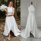 Real Photos Simple Halter Neck Backless A-line Wedding Dress Elegant High Low Satin Bride Gown for Women