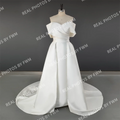 10139# Real Photos High Quality Off Shoulder V Neck Mikado Mermaid Wedding Dress for Women Bride Gown With Detachable Train