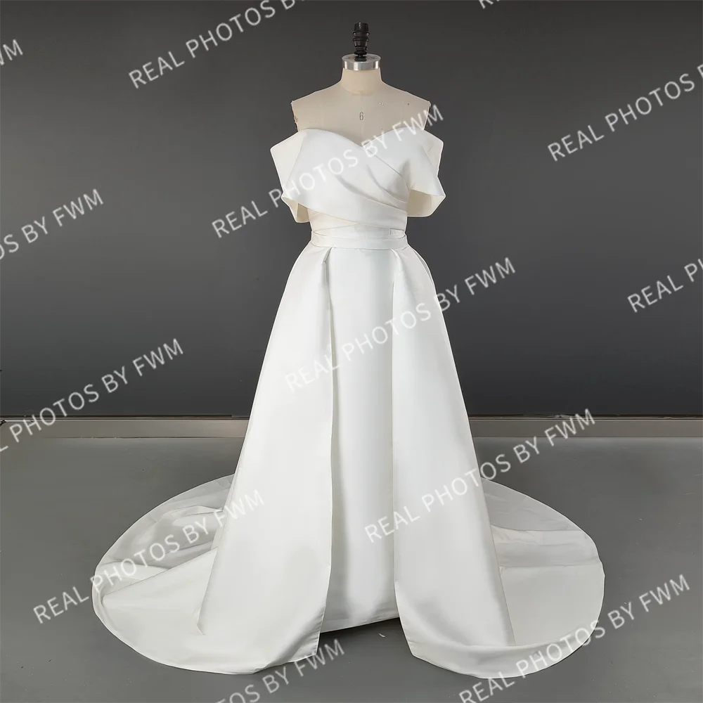 10139# Real Photos High Quality Off Shoulder V Neck Mikado Mermaid Wedding Dress for Women Bride Gown With Detachable Train