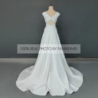8183#Real Photos Sleeveless Sexy V-Neck Open Back Sheath A-Line Satin Side Pocket Sweep Train Wedding Dress Wedding Bridal Gown