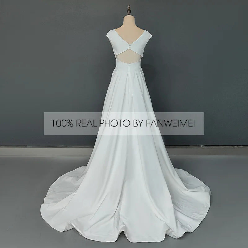 8183#Real Photos Sleeveless Sexy V-Neck Open Back Sheath A-Line Satin Side Pocket Sweep Train Wedding Dress Wedding Bridal Gown