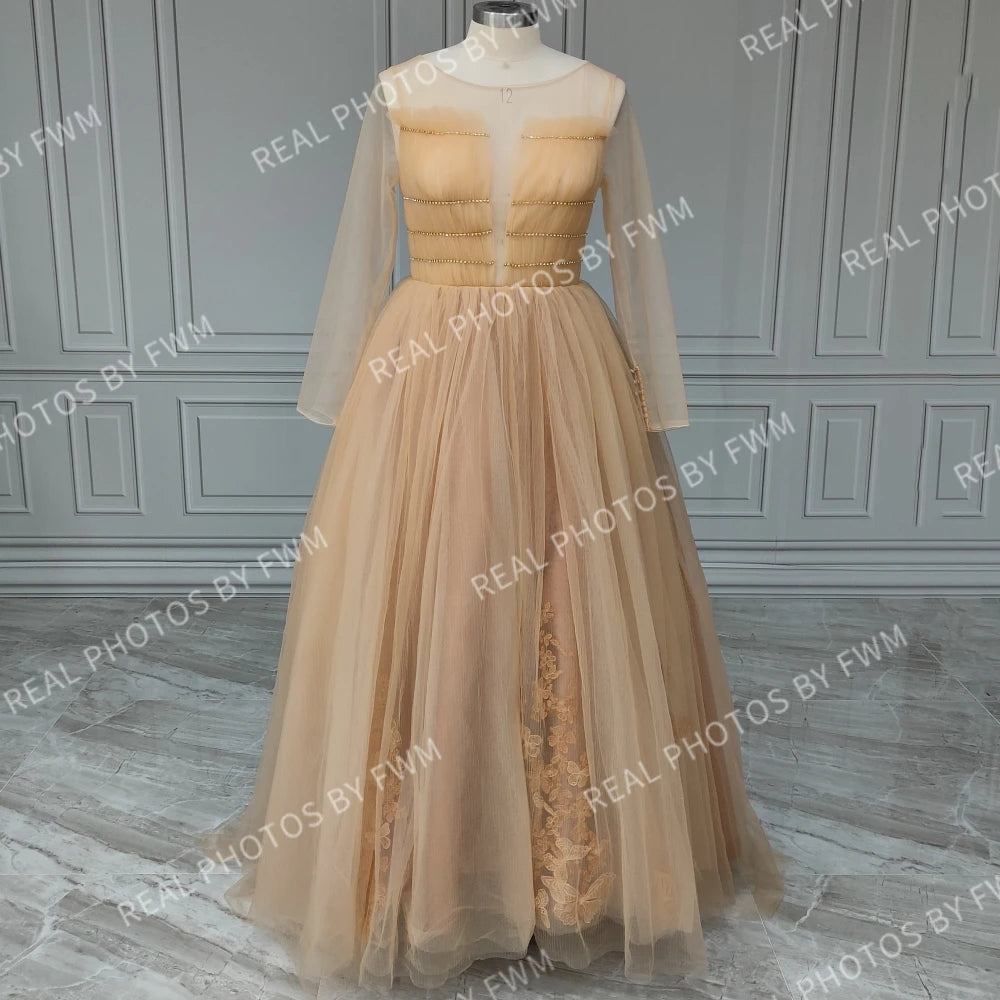 #3113 REAL PHOTOS O-Neck Elegant Champagne Sleeveless Puffy A-Line Bride Gown Wedding Dress for Women Evening Dress Party Dress