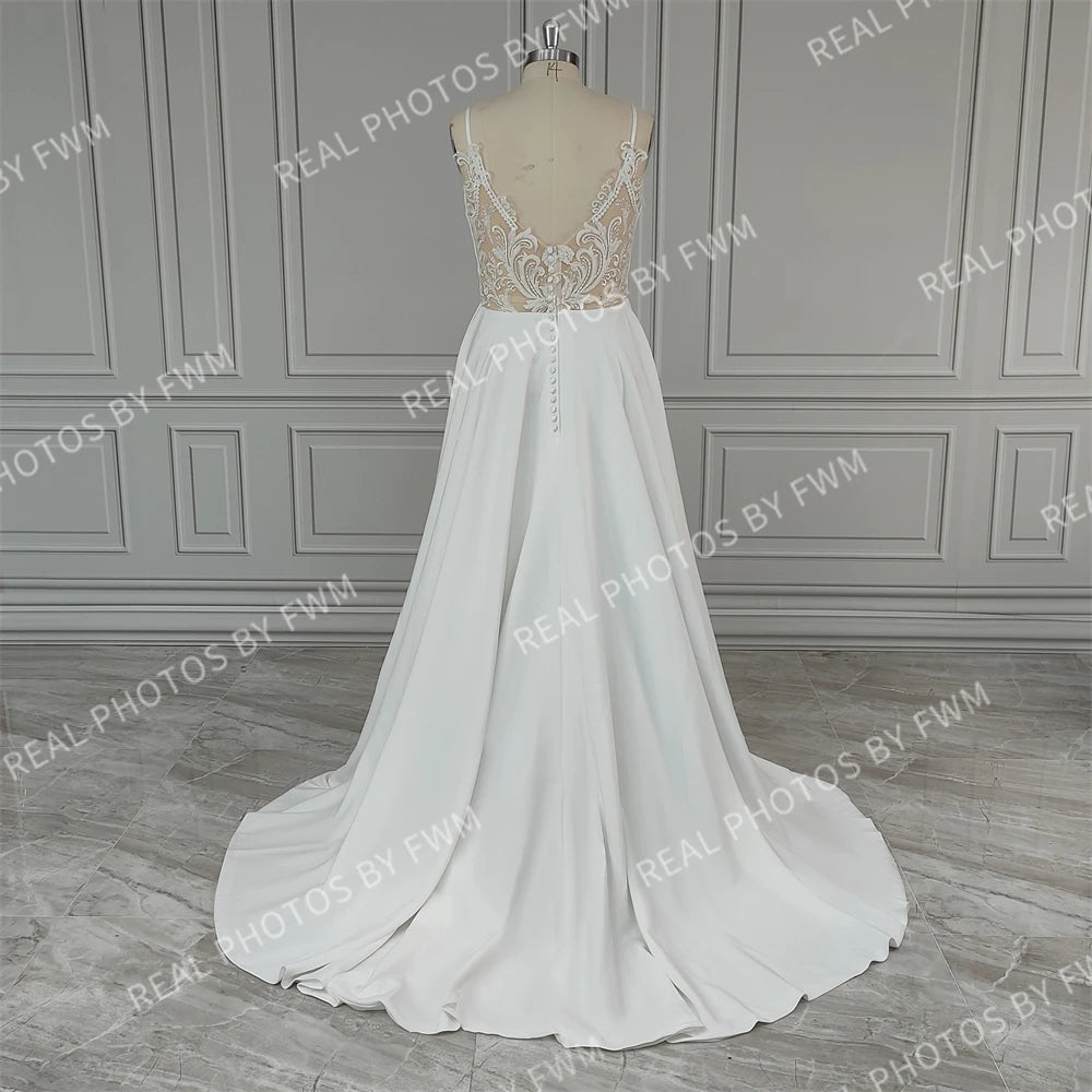 Real Photos Simple Spaghetti Straps V-neck A-line Chiffon Wedding Dress Beading Sequined Lace Backless Bride Gown for Women