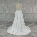 Real Photos Simple Spaghetti Straps V-neck A-line Chiffon Wedding Dress Beading Sequined Lace Backless Bride Gown for Women