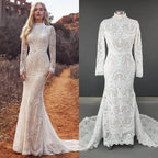 11797# Real Photos Exquisite High Neck Long Sleeves Mermaid Wedding Dress Bridal Gown for Women With Appliques Lace Bohemia