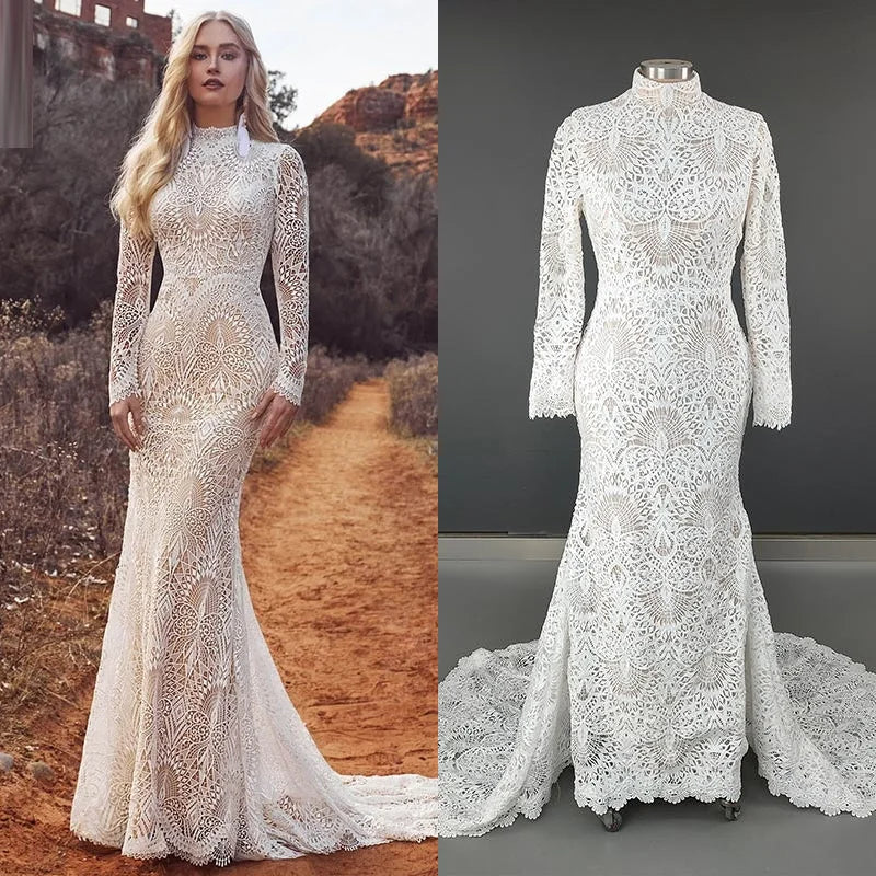 11797# Real Photos Exquisite High Neck Long Sleeves Mermaid Wedding Dress Bridal Gown for Women With Appliques Lace Bohemia