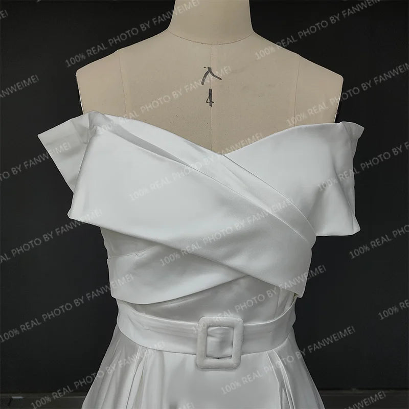 Real Photos Simle Classic Off Shoulder A-line Satin Wedding Dress Side Slit Bridal Gown Sweep Train Bride Dress for Wedding