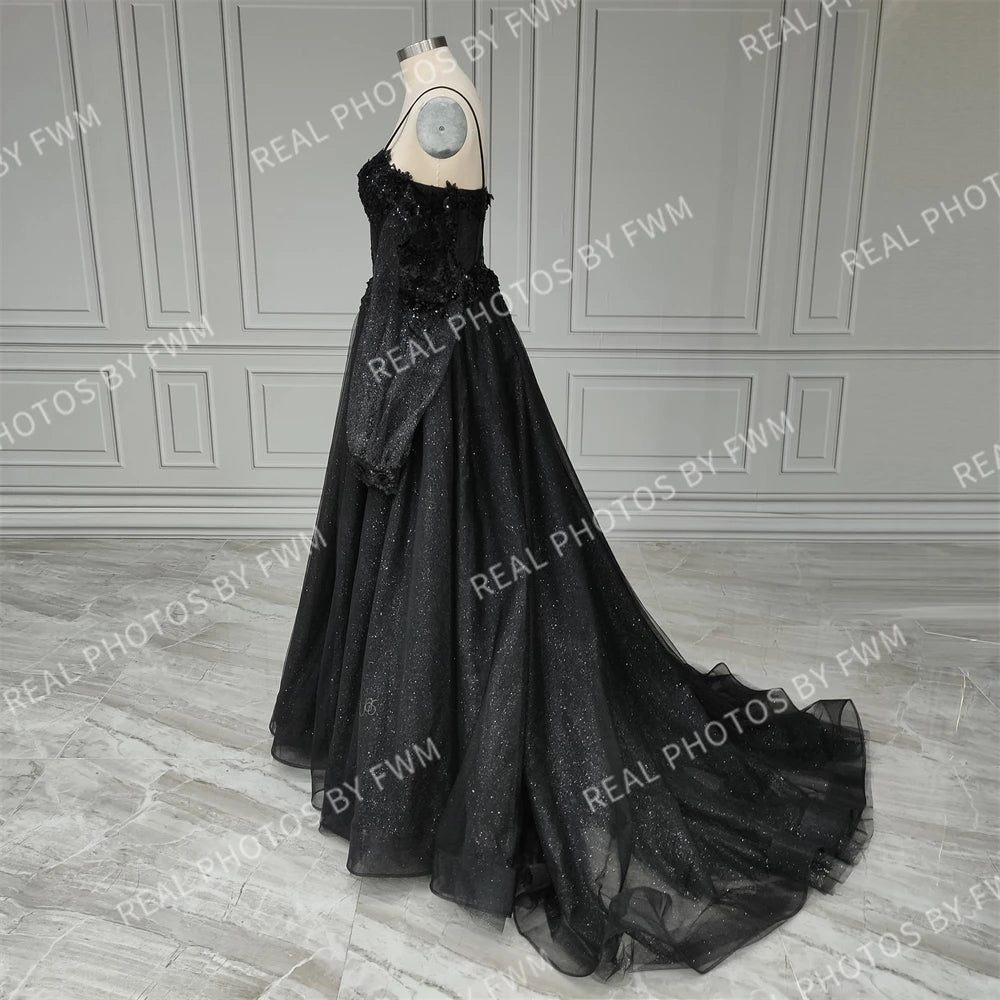 Real Photos Gothic Black Tulle A-line Spaghetti Straps Wedding Dress 3D Flower Sequined Bridal Gown Evening Dress for Women15403