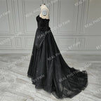 Real Photos Gothic Black Tulle A-line Spaghetti Straps Wedding Dress 3D Flower Sequined Bridal Gown Evening Dress for Women15403