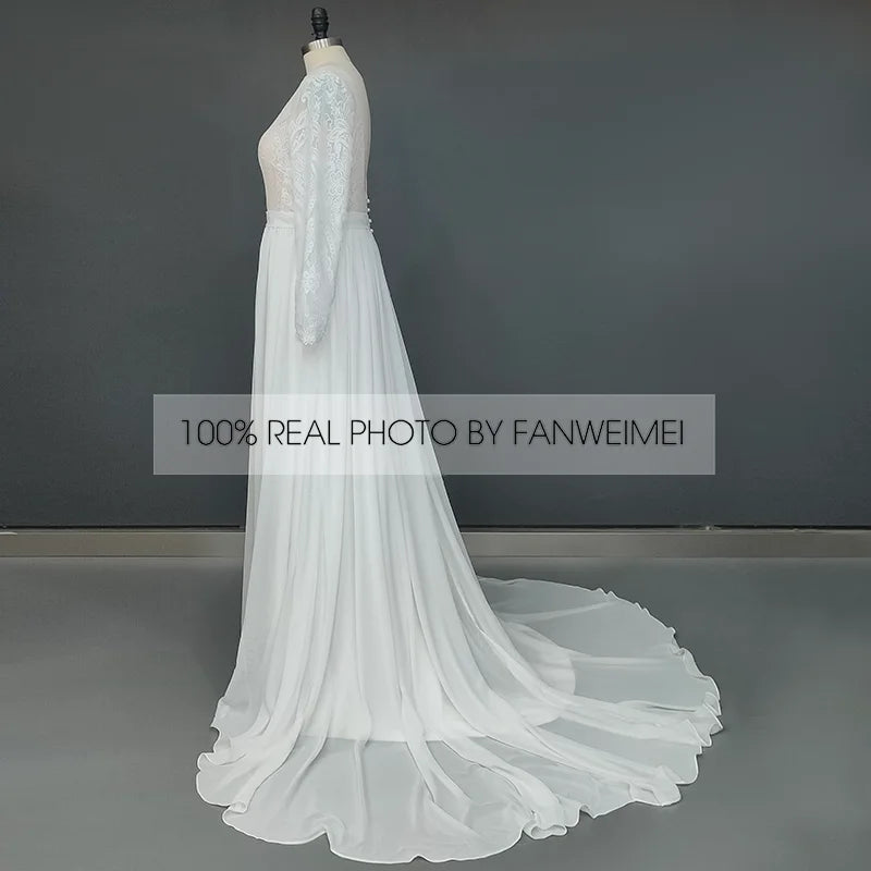 100% Real Photos Bohemian Chiffon Wedding Dresses Boat Neck Long Sleeve Lace Wedding Bridal Gowns for Plus Size Women