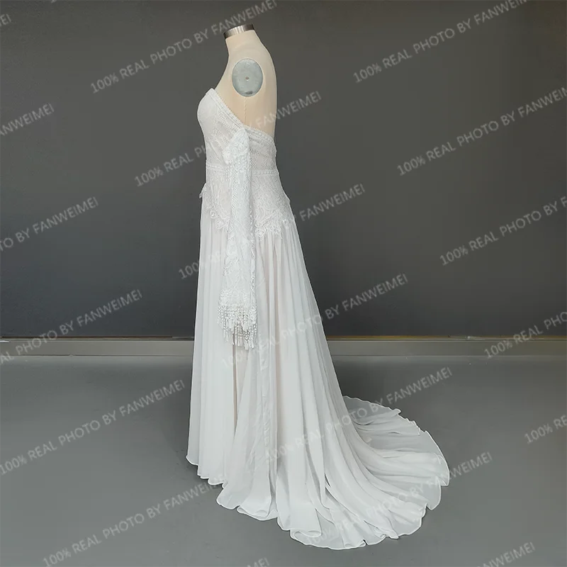 Real Photos Bohemian Low Back Lace Flare Sleeves Sweetheart Strapless Tassel Chiffon Wedding Dress Bridal Gown for Wedding
