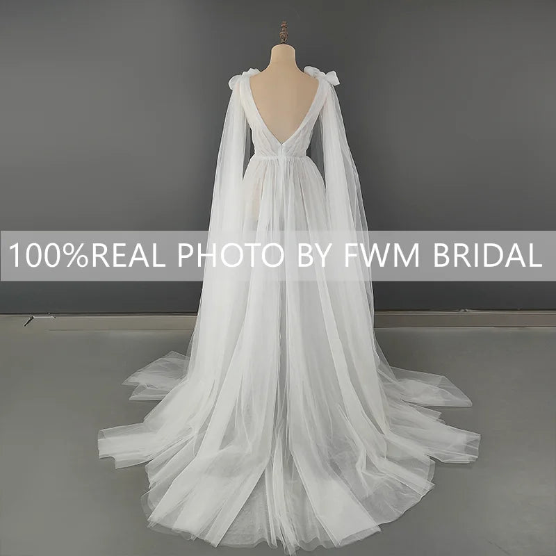12717# Real Photos Custom Bow Spaghetti Straps Lace A-line Wedding Dress Pleat V-neck Sweep Train Backless Bridal Gown