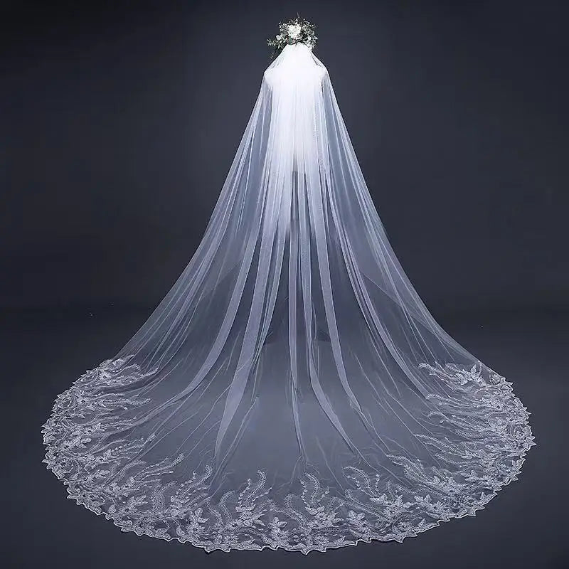3.8*3  Meter White One Layer Lace Long Bridal Veil Comb
