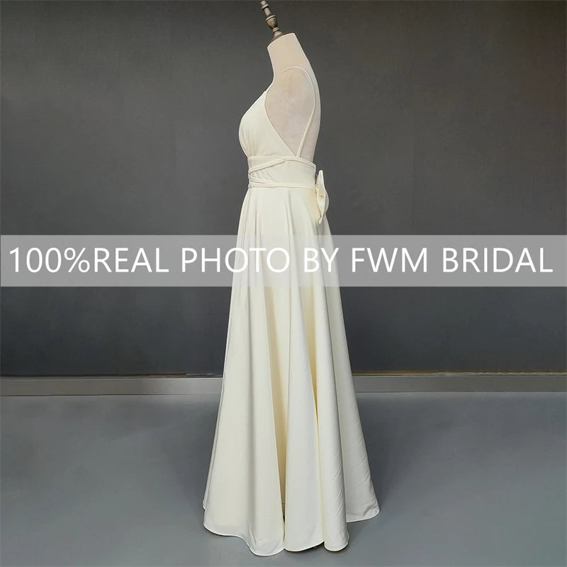 Real Photos Sexy High Split Soft Satin Wedding Bridal Gown Spaghetti Straps V Neck Backless Bow Bridal Dress Evening Dress