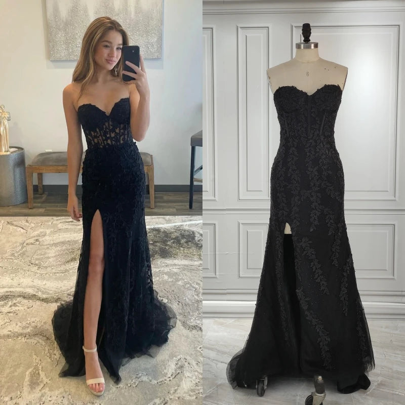 15305# Real Photo Black Sweep Train Lace Beading Strapless Wedding Bridal Gown Birthday Party Dress for Women Prom Evening Dress