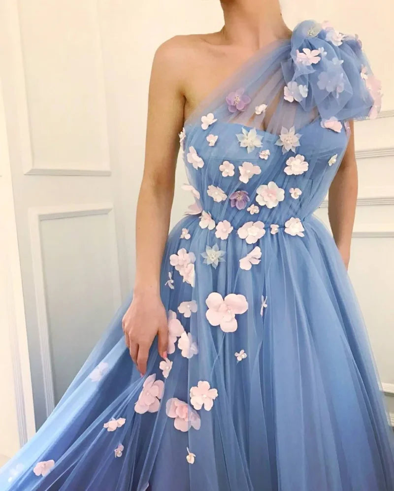 15203# Real Photos One Shoulder 3D Flowers Lace A-line Wedding Gown Birthday Party Dress for Plus Size Women Prom Evening Dress