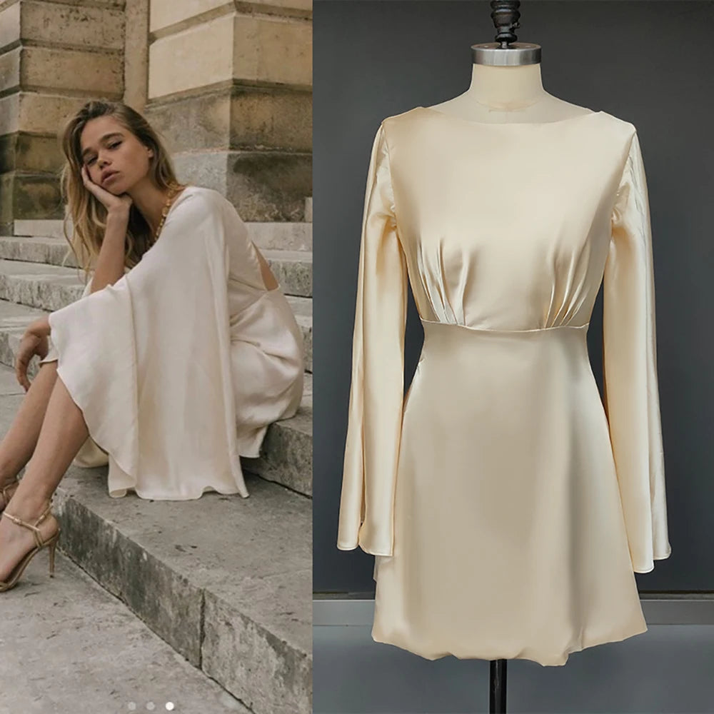 8864  Real Photo Flare Sleeve Backless Engagement Mini Wedding Gown Birthday Party Dress Plus Size Women Prom Evening Dress