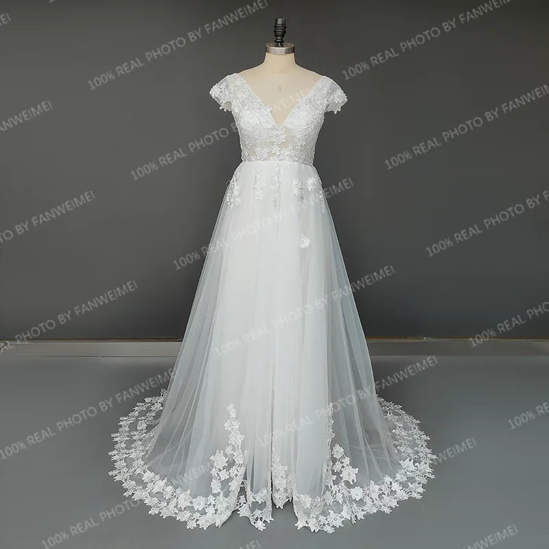 Real Photos Cap Sleeves 3D Flowers Appliques Lace A-line Wedding Dress Sweep Train V-Neck Bride Gown Bridal Dress for Women