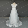 Real Photos Cap Sleeves 3D Flowers Appliques Lace A-line Wedding Dress Sweep Train V-Neck Bride Gown Bridal Dress for Women