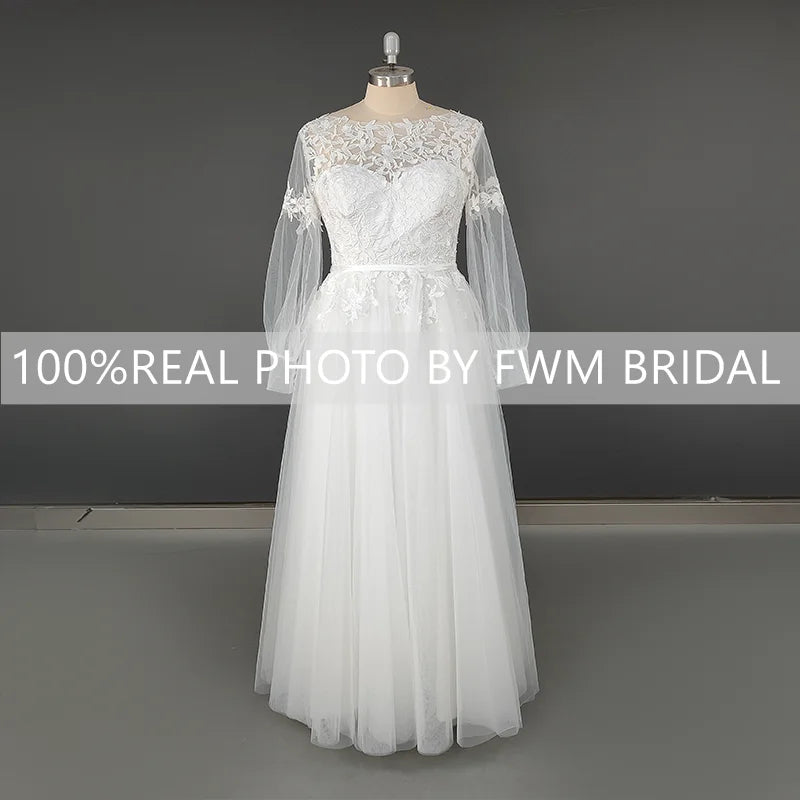 10384# 100% Real Photos Custom Size Long Puffy Sleeves A-line Wedding Dress Elegant Illusion Appliques Lace Bridal Gown
