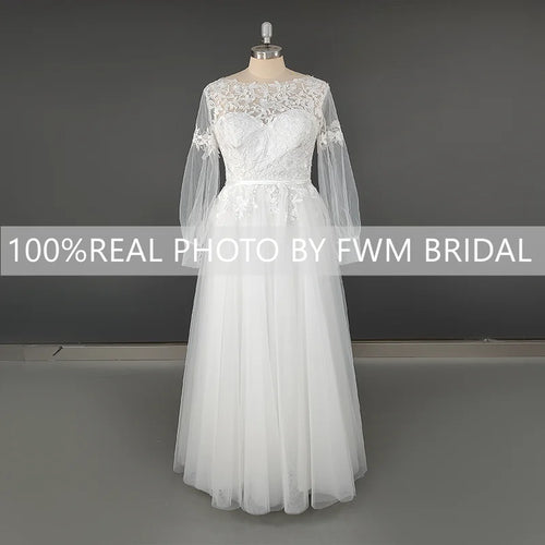10384# 100% Real Photos Custom Size Long Puffy Sleeves A-line Wedding Dress Elegant Illusion Appliques Lace Bridal Gown