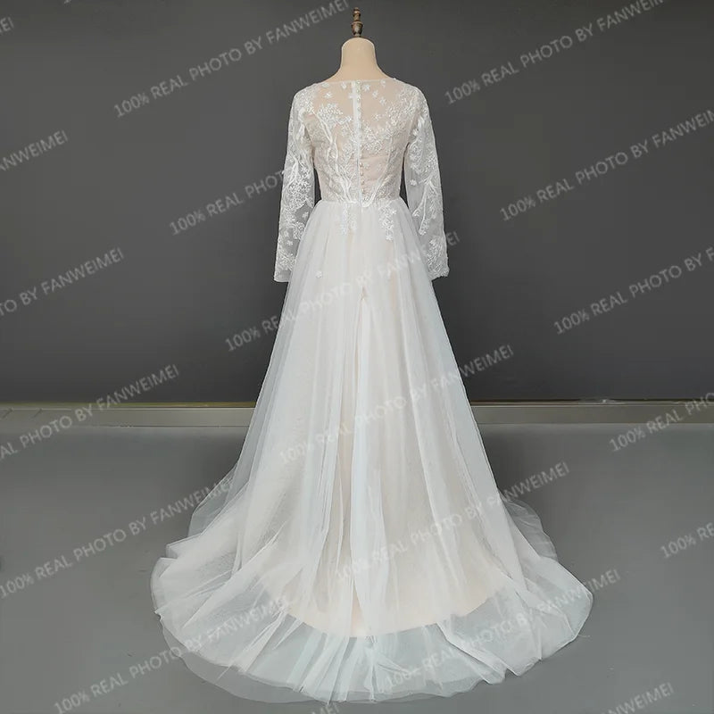 8983# Real Photos Simple O-neck Appliques Sequins Sweep Train A-line Wedding Dress Long Illusion Lace Sleeves Bridal Gown