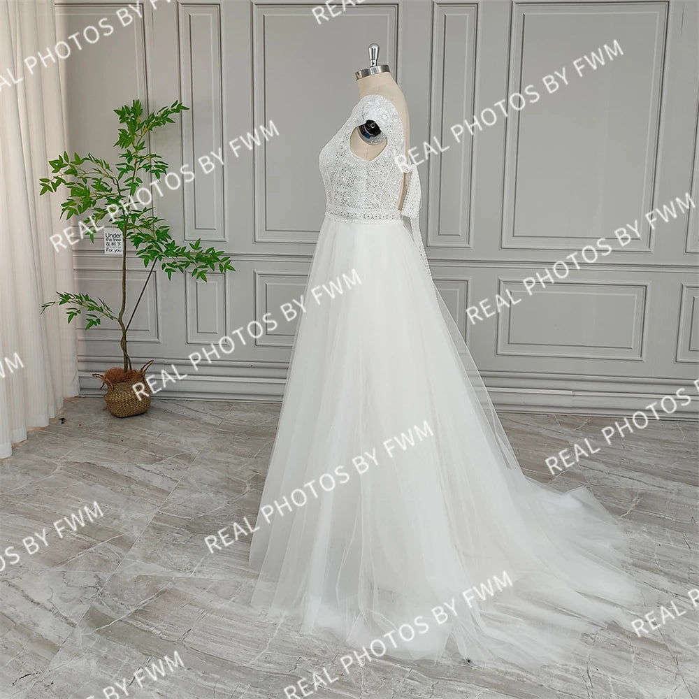 100% Real Photos High Quality Boho Appliques Lace A-line Wedding Dress for Bride 2024 Elegant Backless Tulle Bridal Gown